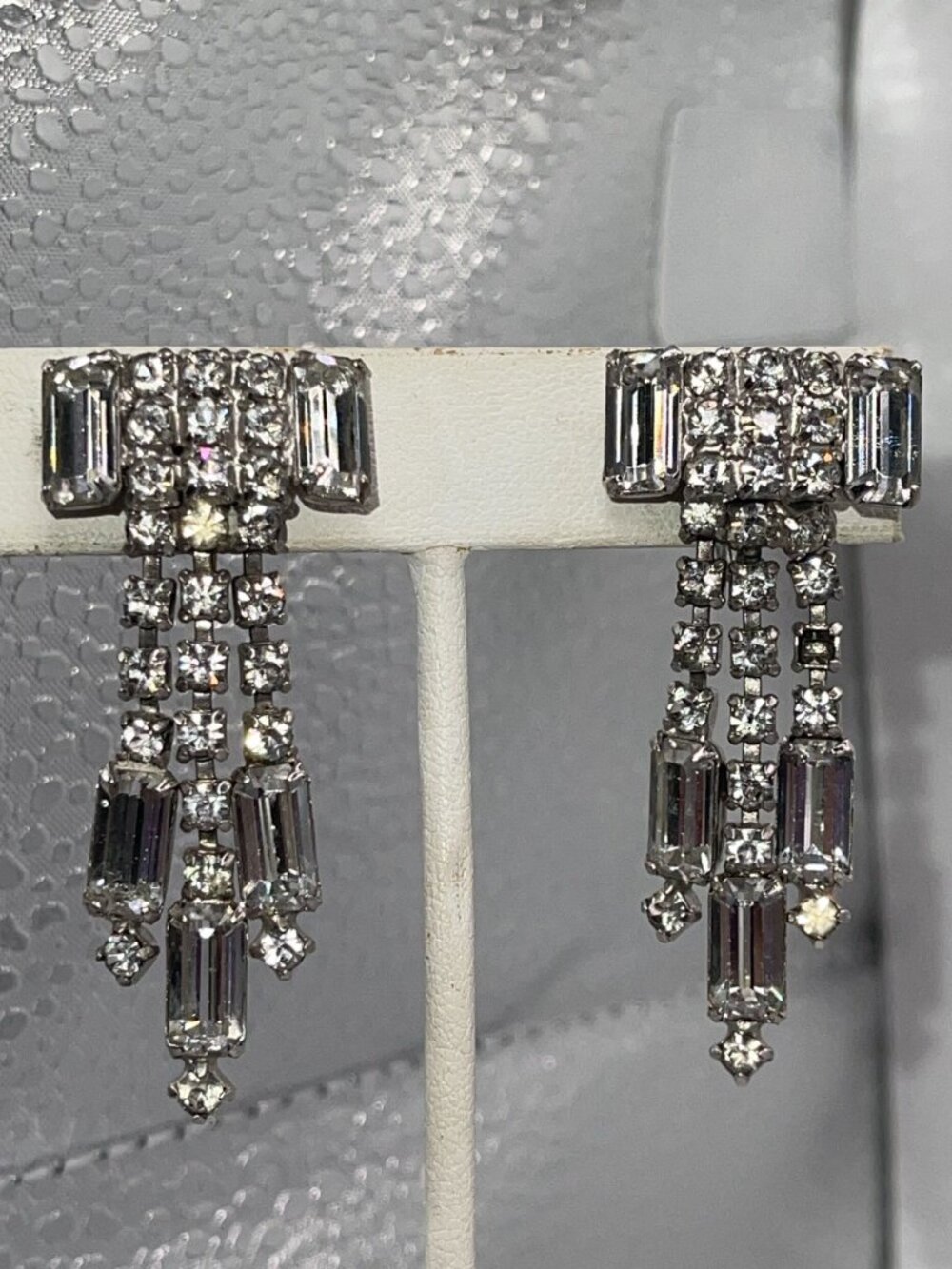 Vintage MCM Long Drop Dangle Earrings Clear Rhinestone Baguette & Round Stones S